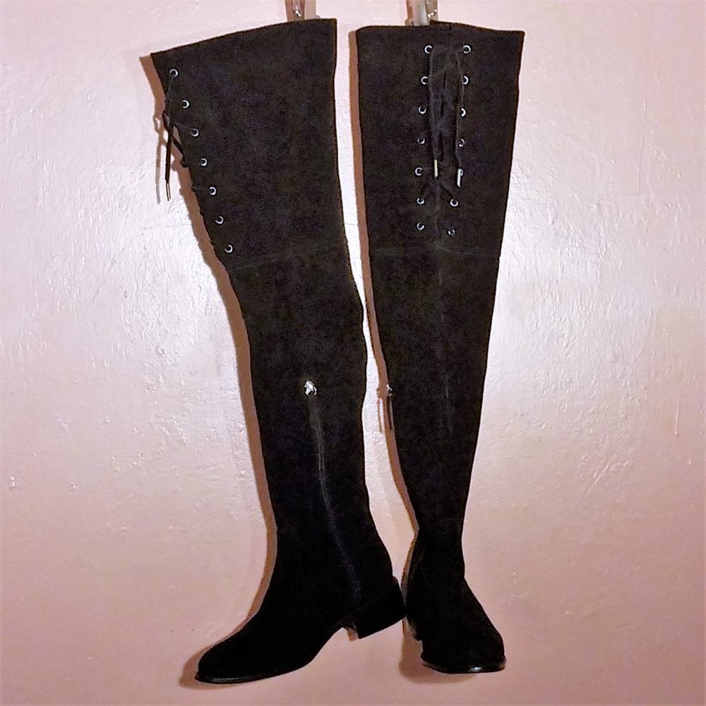 Delman Thigh Boots~6.5~Black Suede~Lace-up ~Low Heel~NEW